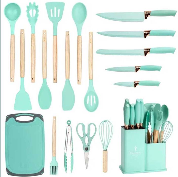 PRZYBORY SILIKONOWE kuchenne noże deska do krojenia STOJAK zestaw