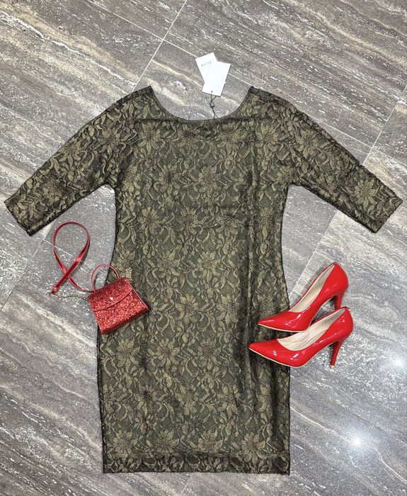 Wigilia sylwester impreza złota koronka sukienka Solar 38/M.