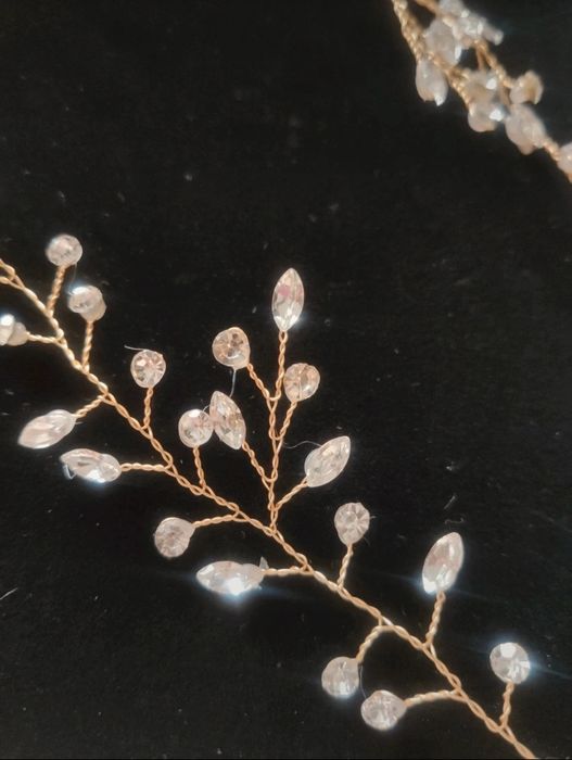 Złota ślubna ozdoba do włosów, opaska, wianek, kamyczki