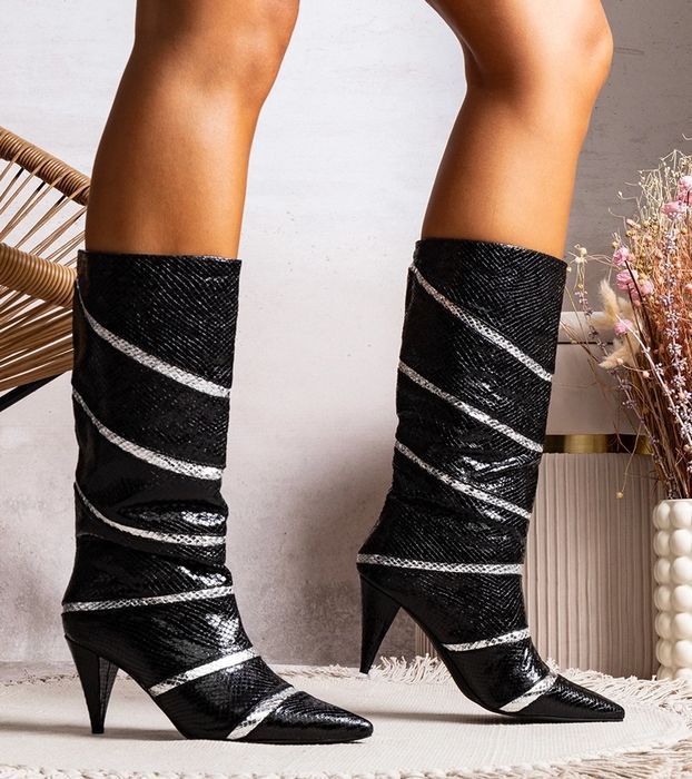 Czarno srebrne ocieplane kozaki Antha