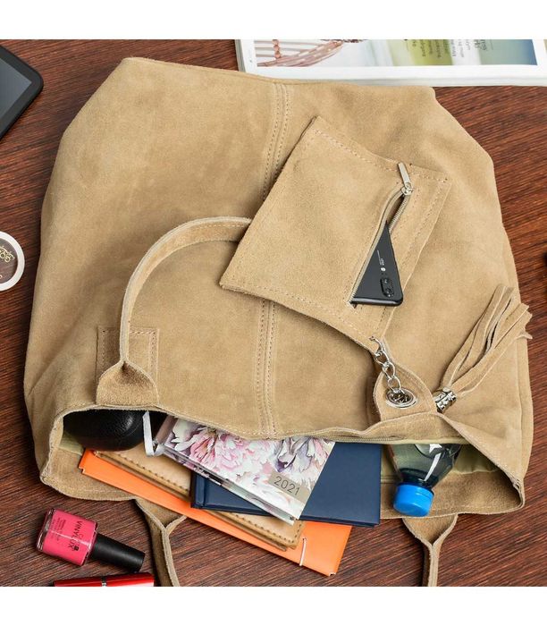 Włoska Torebka Skórzana Zamszowa A4 Shopperka beżowa