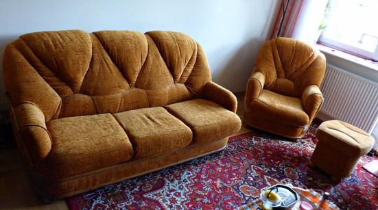 Komplet wypoczynkowy, sofa, fotel, pufa. Jak nowy!