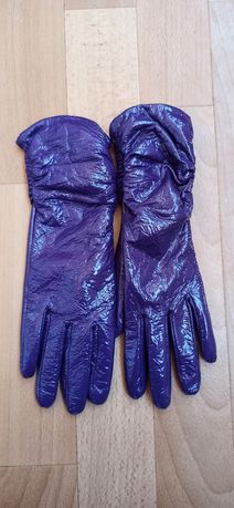 Новые лаковые перчатки, варежки на меху фиолетовые. Рукавички 7 розмір