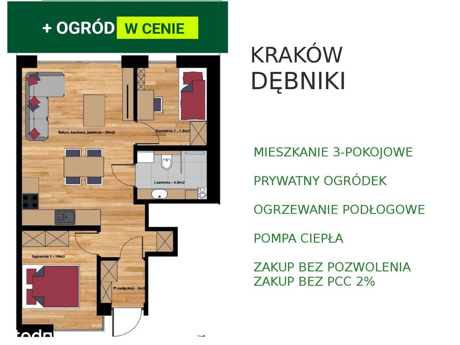 3-pokoje ogródek pompa ciepła, można kupić na kredyt /ok Ruczaj, Borek