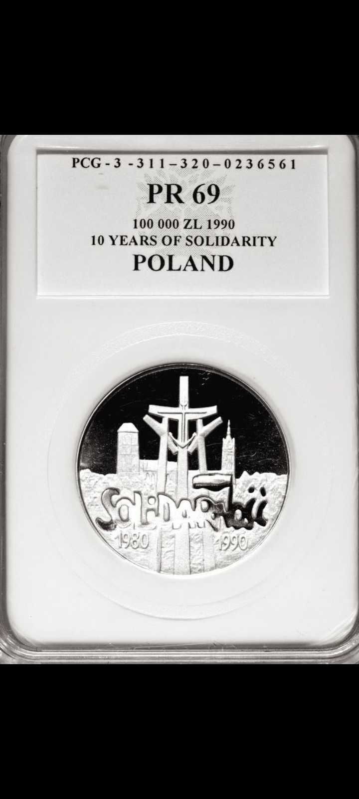 Moneta srebrna 100000 zł 1990 Solidarność mała gruba,piękna, mennicza