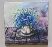 Obraz olejny ręcznie malowan niezapominajki w filiżance 30cm x30cm
