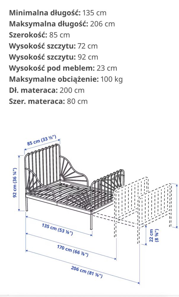 Metalowe łóżko dla dzieci Ikea MINNEN