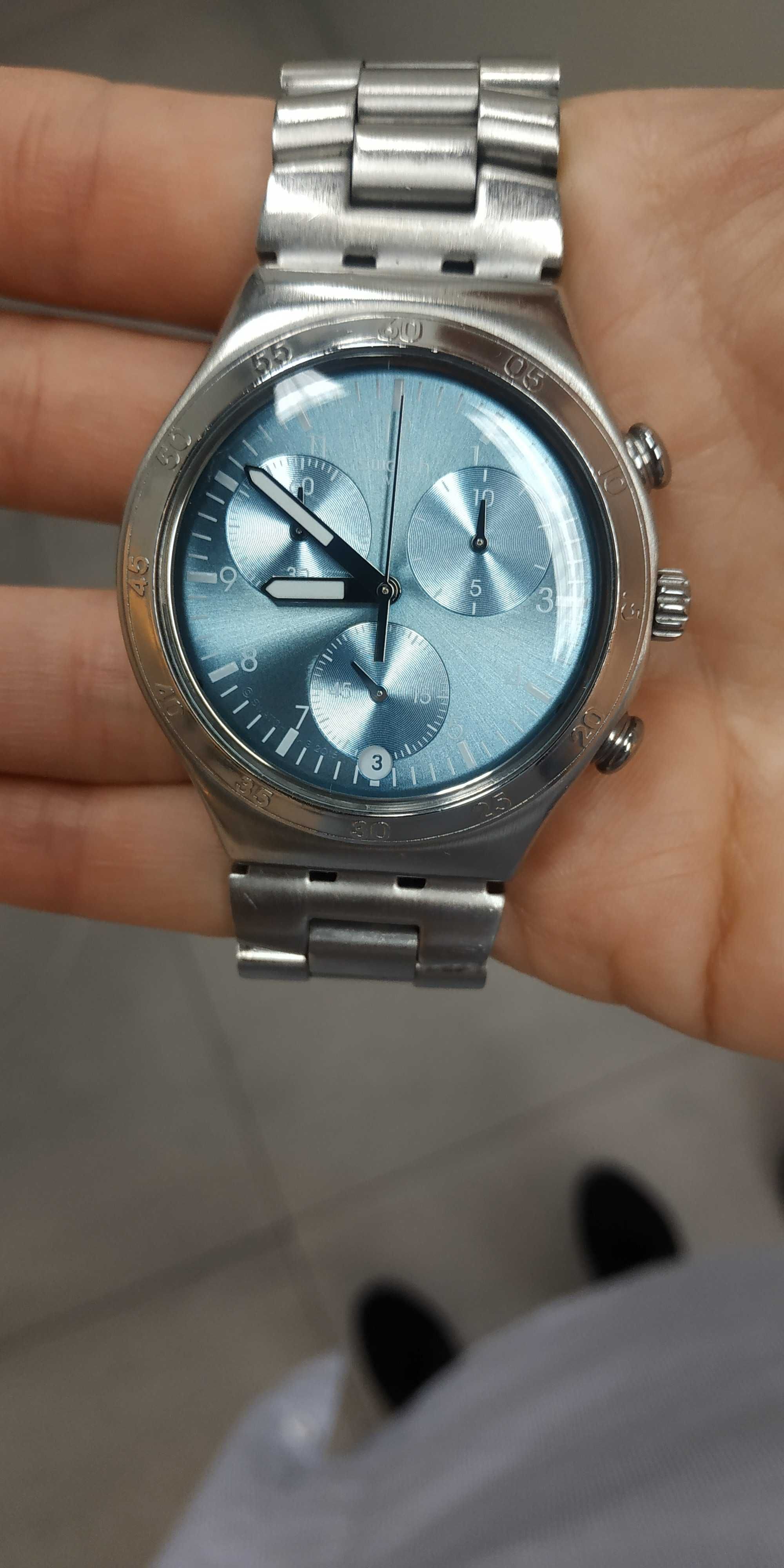 Zegarek swatch irony chrono ze stoperem srebrny błekitny