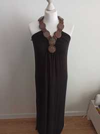 Sukienka maxi długa boho etno drewniany naszyjnik