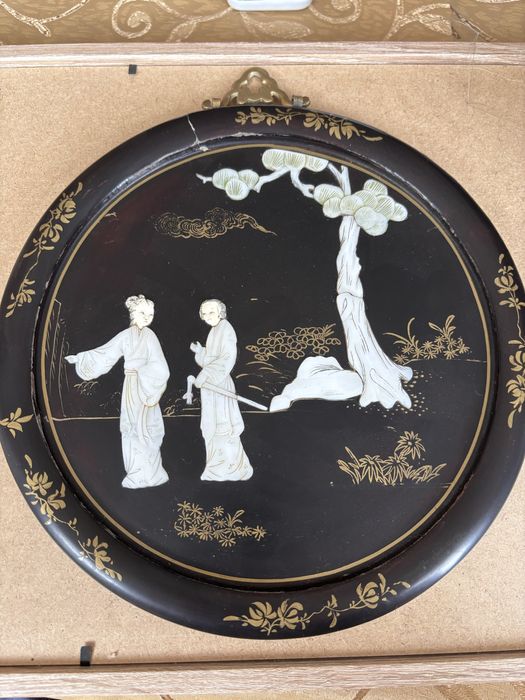 Stary obraz chiński z laki i masy perłowej