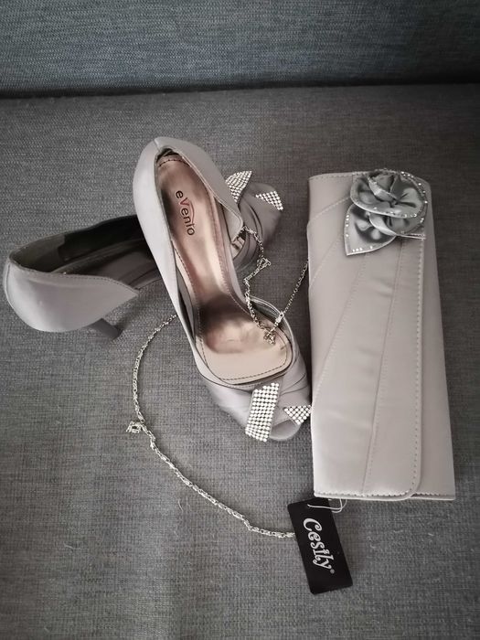 Szpilki szare satynowe + kopertówka