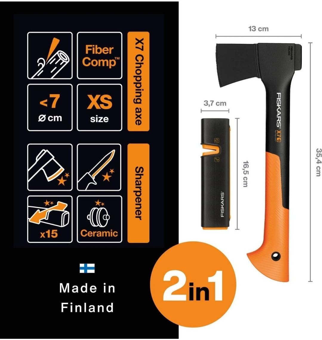 Набір сокира та точило Fiskars X-Series, чорний/помаранчевий, X7-XS
