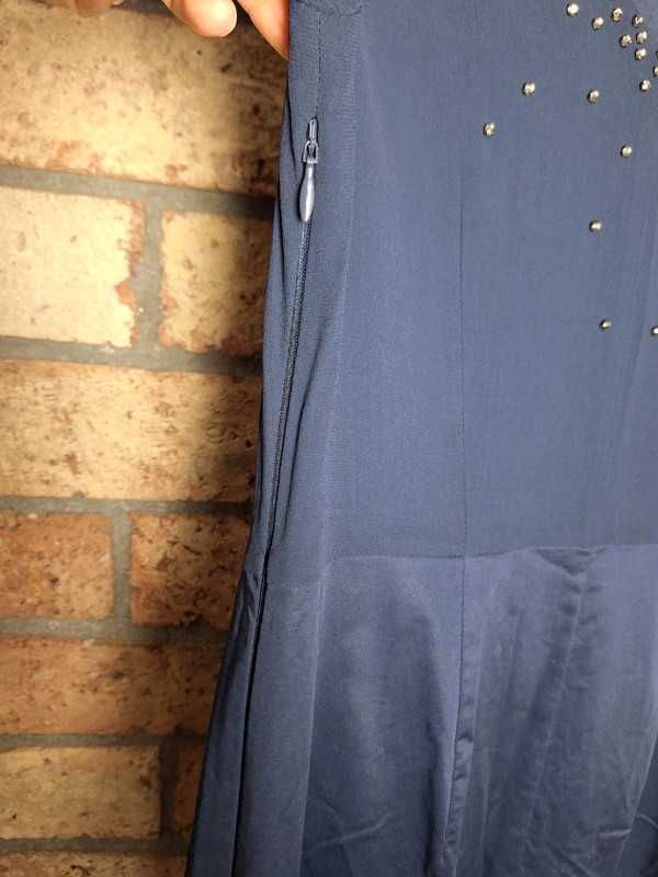Elegancka granatowa sukienka krótkie rękawy wiskoza bawełna 42 XL