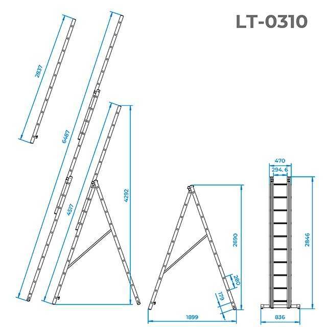 Лестница алюминиевая 3-х секц. 3*10 ступ.6,48 м INTERTOOL LT-0310/0312