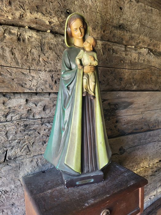 Stara sygnowana figura Matki Bożej Maryja z dzieciątkiem Jezus
