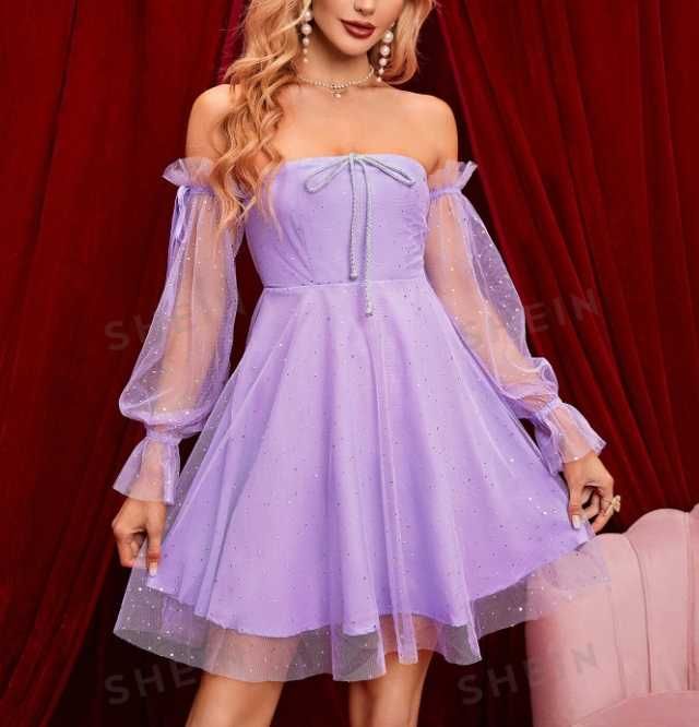 Nowa fioletowa liliowa brokatowa sukienka hiszpanka siateczkowe rękawy