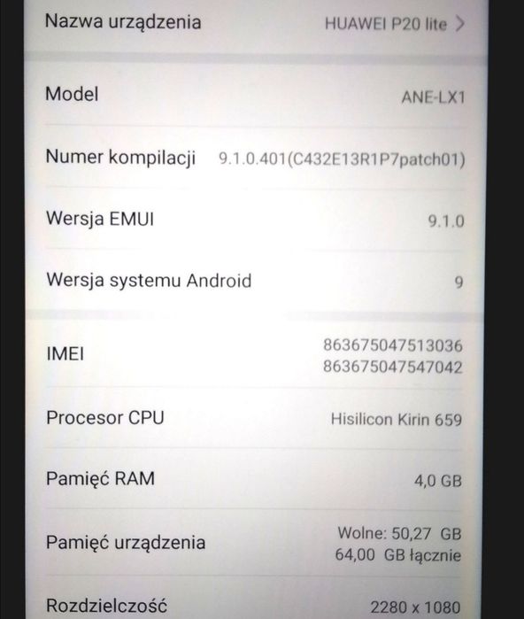 Smartfon HUAWEI P20 lite + oryg. ładowarka
