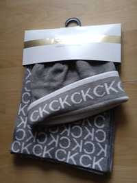 Szalik komplet, czapka, szary biały logo CK, Calvin Klein