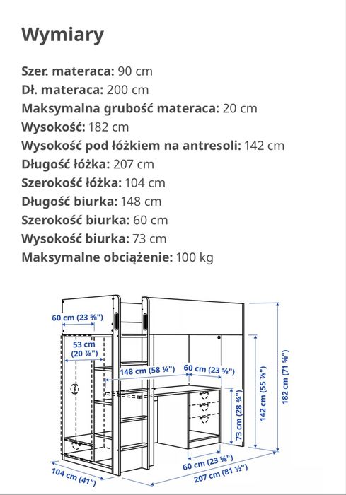 SMÅSTAD Łóżko na antresoli, biało-szare z biurkiem, szafą i 4 półkami