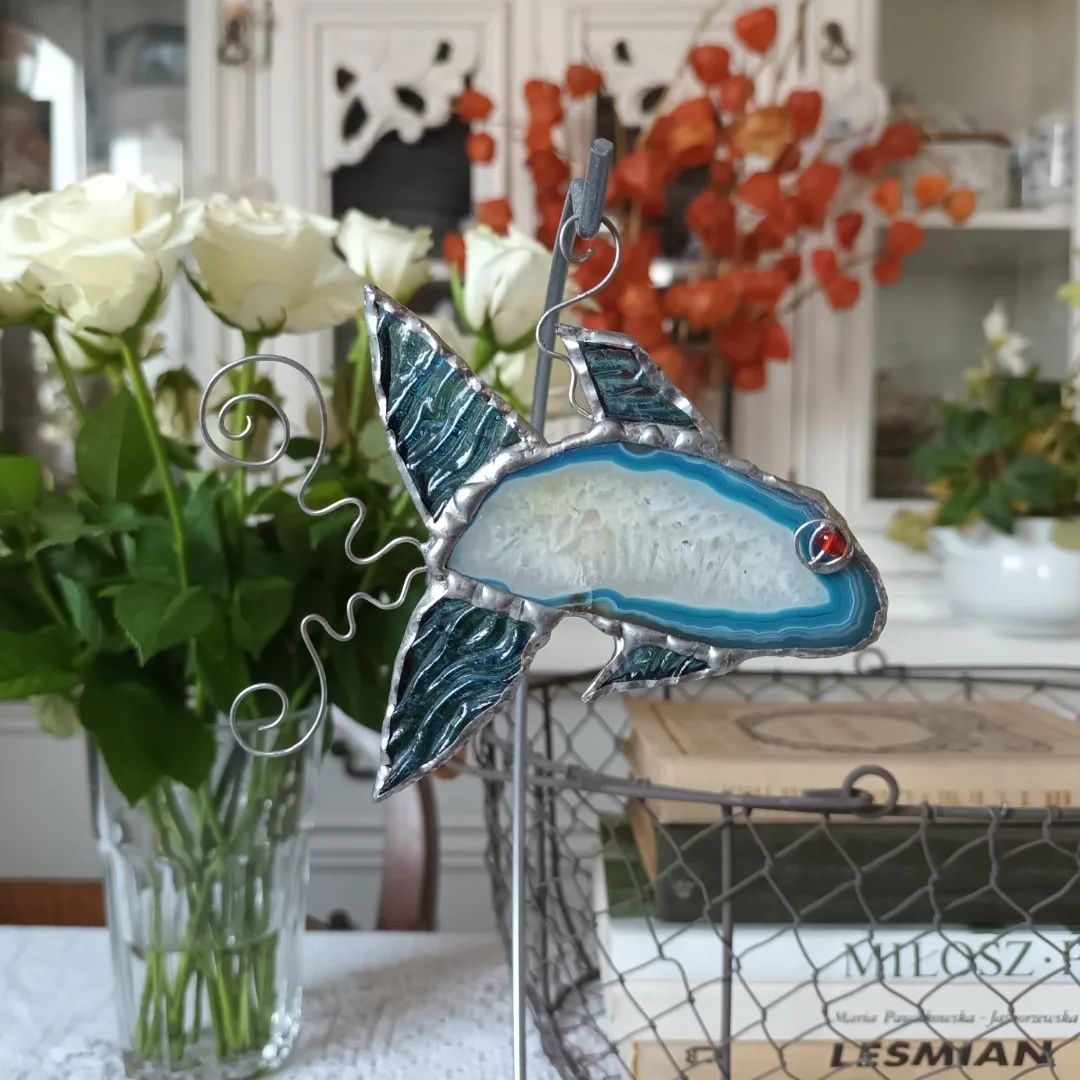 Witraż Tiffany Rybka Ryba niebieska agat