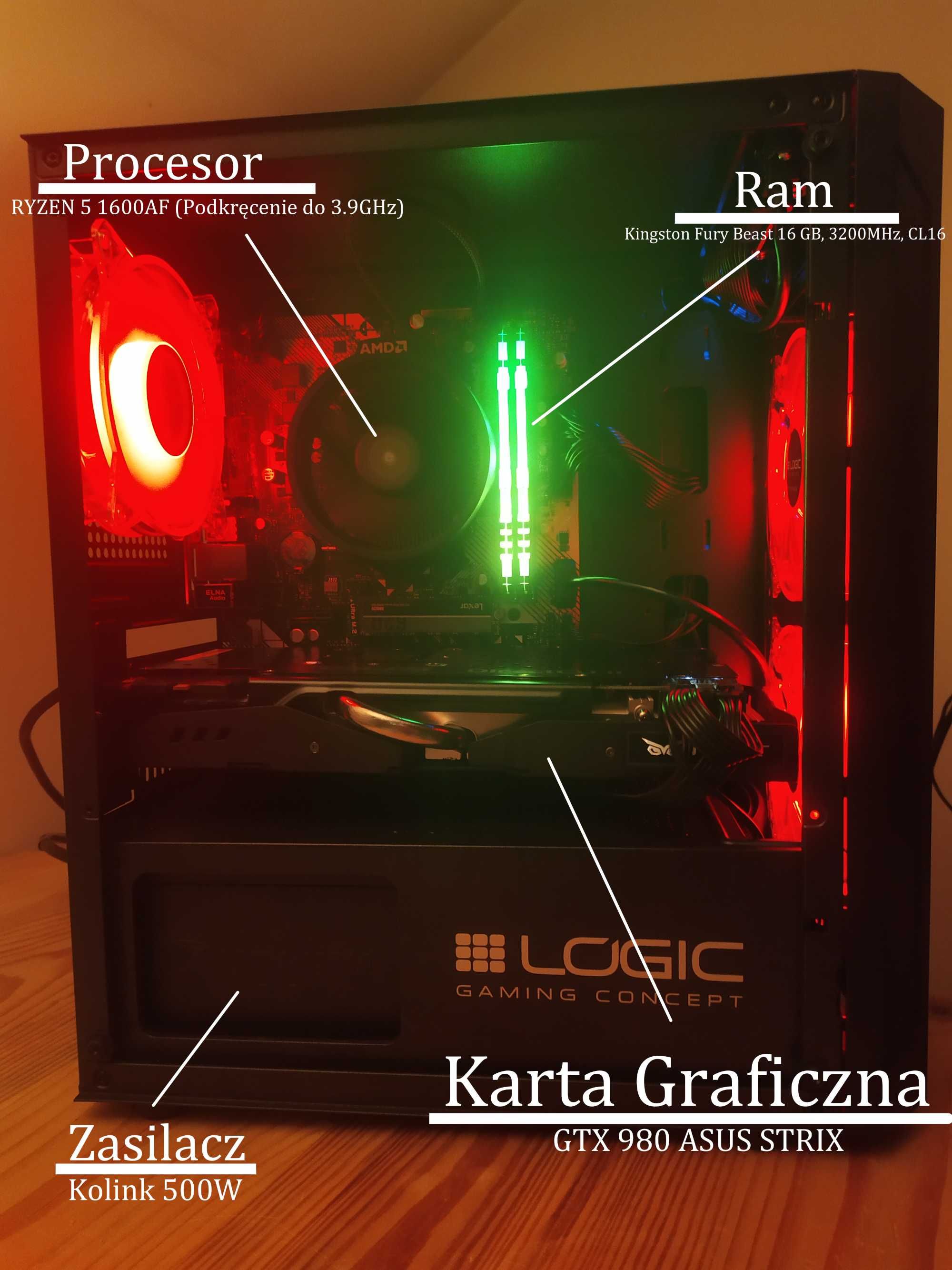 Komputer Gamingowy R5,1600AF/GTX980/16DDR4/512GB/RGB Procesor OC3,9GHz