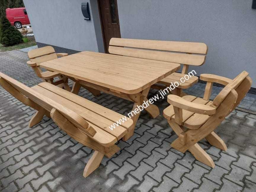 Meble ogrodowe drewniane stół 2 ławki 2 fotele antracyt + biały
