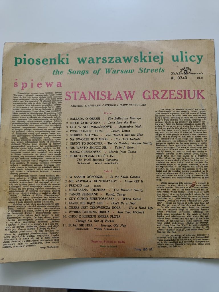 Płyta winylowal Stanisław Grzesiuk Piosenki warszawskiej ulicy PRL