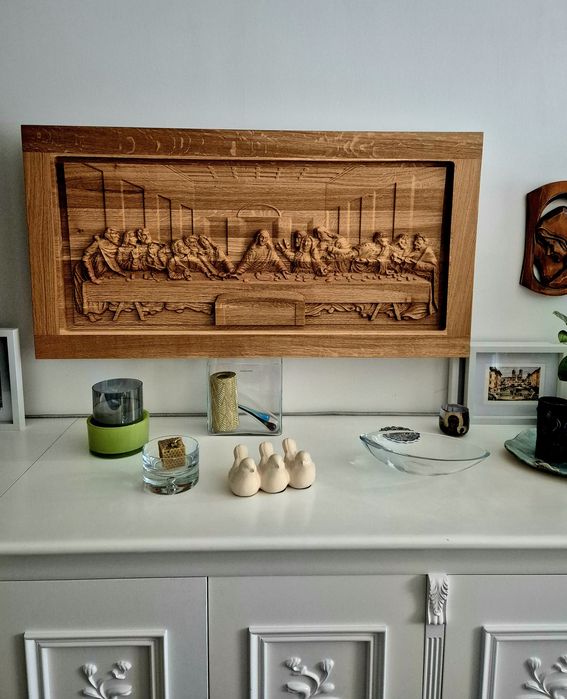 Ostatnia Wieczerza z dębu Rzezba w drewnie płaskorzeźba drewniana