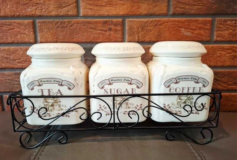 Ceramiczne pojemniki na kawę herbatę cukier na stojaku