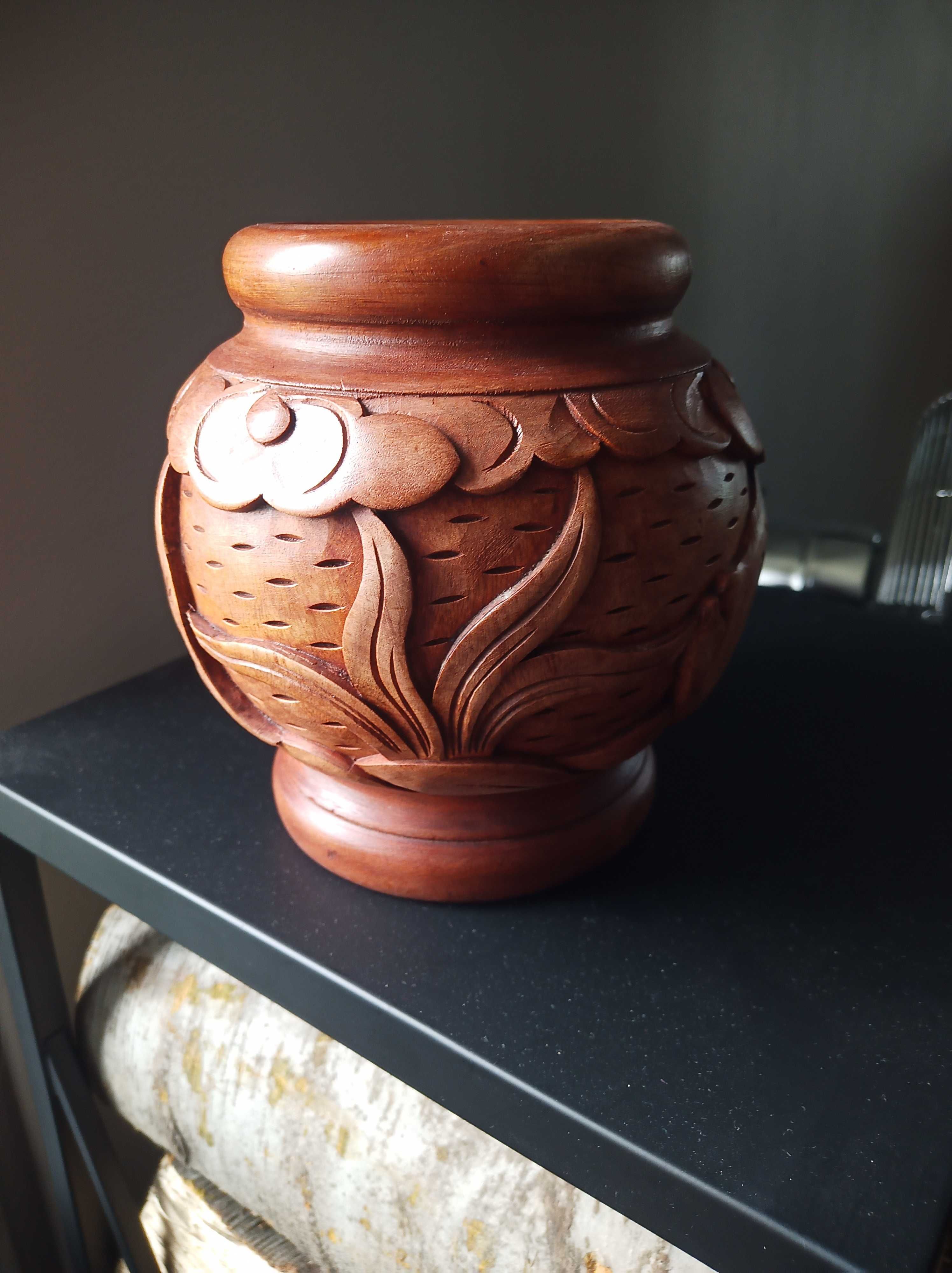 Misterny Rzeźbiony WAZON Ornamenty Ryby z Drewna Rękodzieło