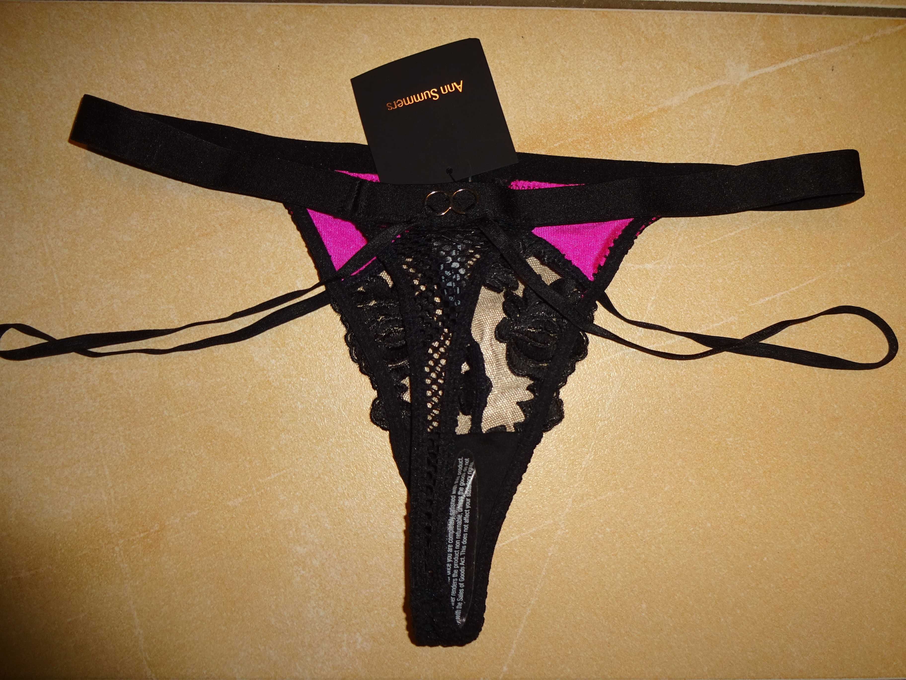 Ann Summers Vivienne thong LUX czarne różowe stringi paski OKAZJA r 36