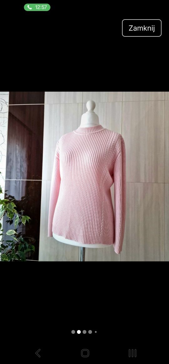 Śliczny elegancki pudrowy róż różowy sweterek 50% Merino wool 42 XL 14