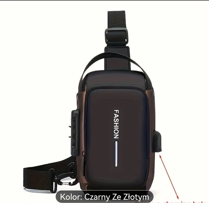 Nerka, torba w kolorze czarno-złotym z zamkiem przeciwkradzieżowym.