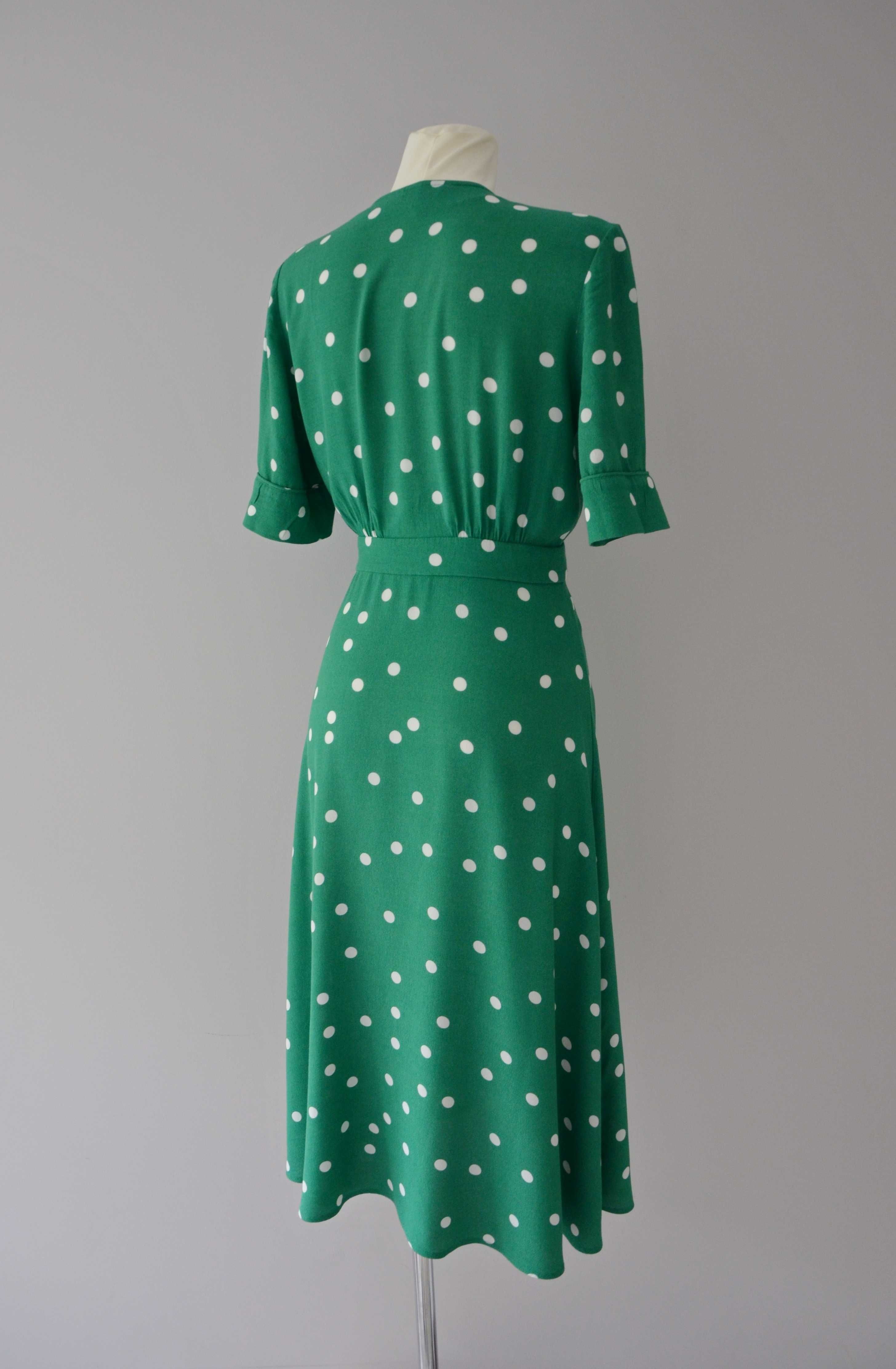 & Other Stories zielona kopertowa sukienka kropki groszki retro 36 S