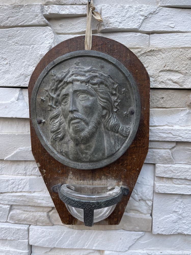 Antyk stara kropielnica Pna Jezus drewno szklo metal