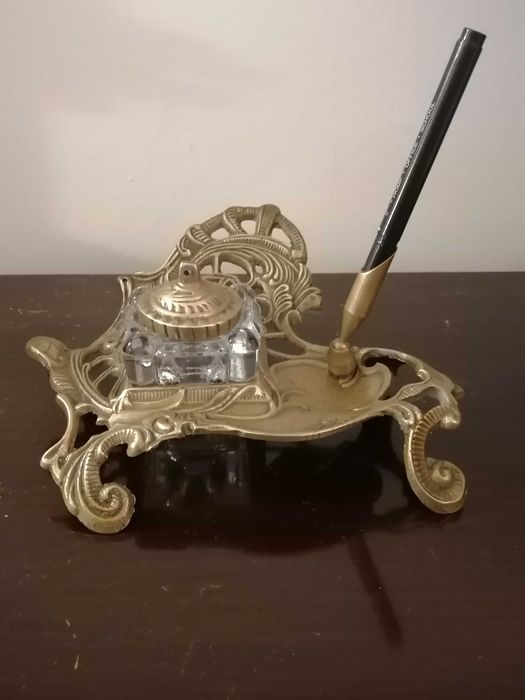 Tinteiro em latão e vidro sntigo