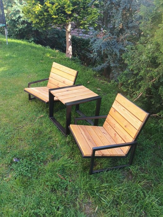Stylowy zestaw ogrodowy LOFT – 2 fotele + stolik – drewno i stal, ręcz