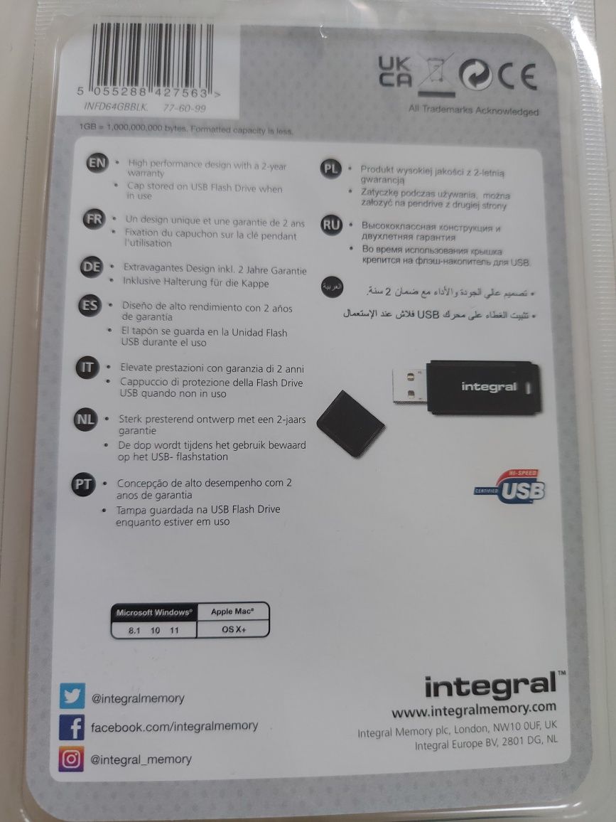 Flash drive pen drive 64 nowy Integral