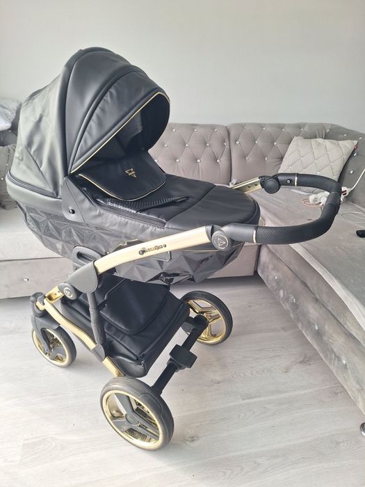 Wozek 3w1 4w1 Junama diamond fluo line  V2 czarny czarno zloty ekoskór