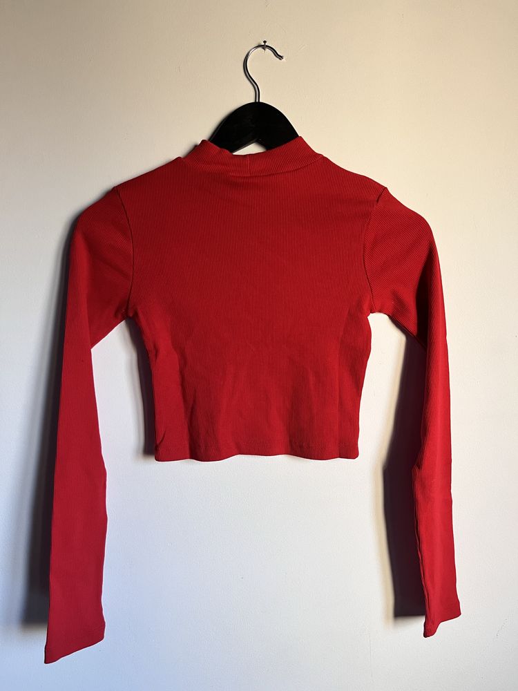 NOWA czerwona damska elegancka bluzka z golfem na długi rękaw prążek