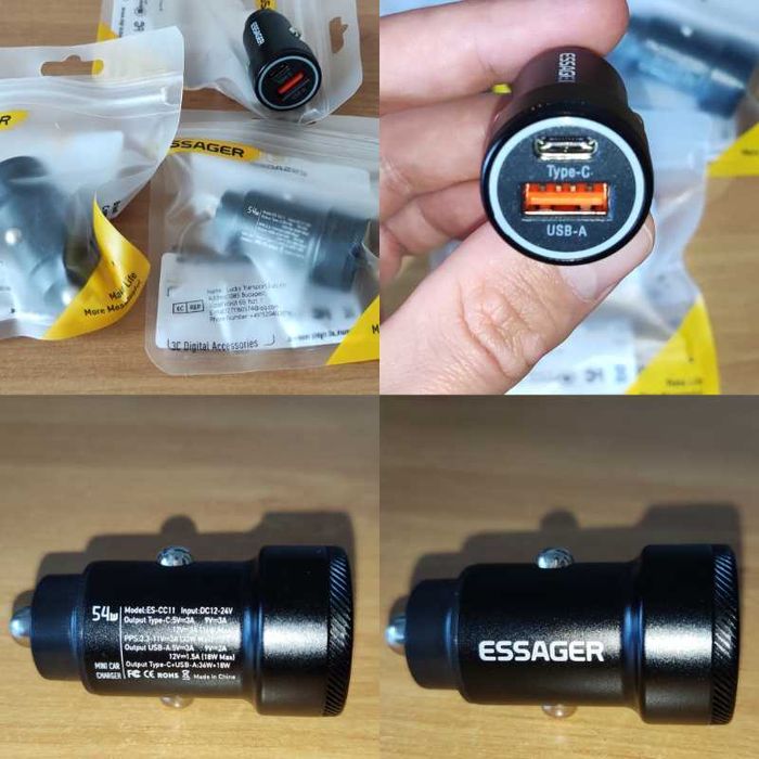 Ładowarka Samochodowa 54W Essager z USB A+C Czarna z Podświetleniem