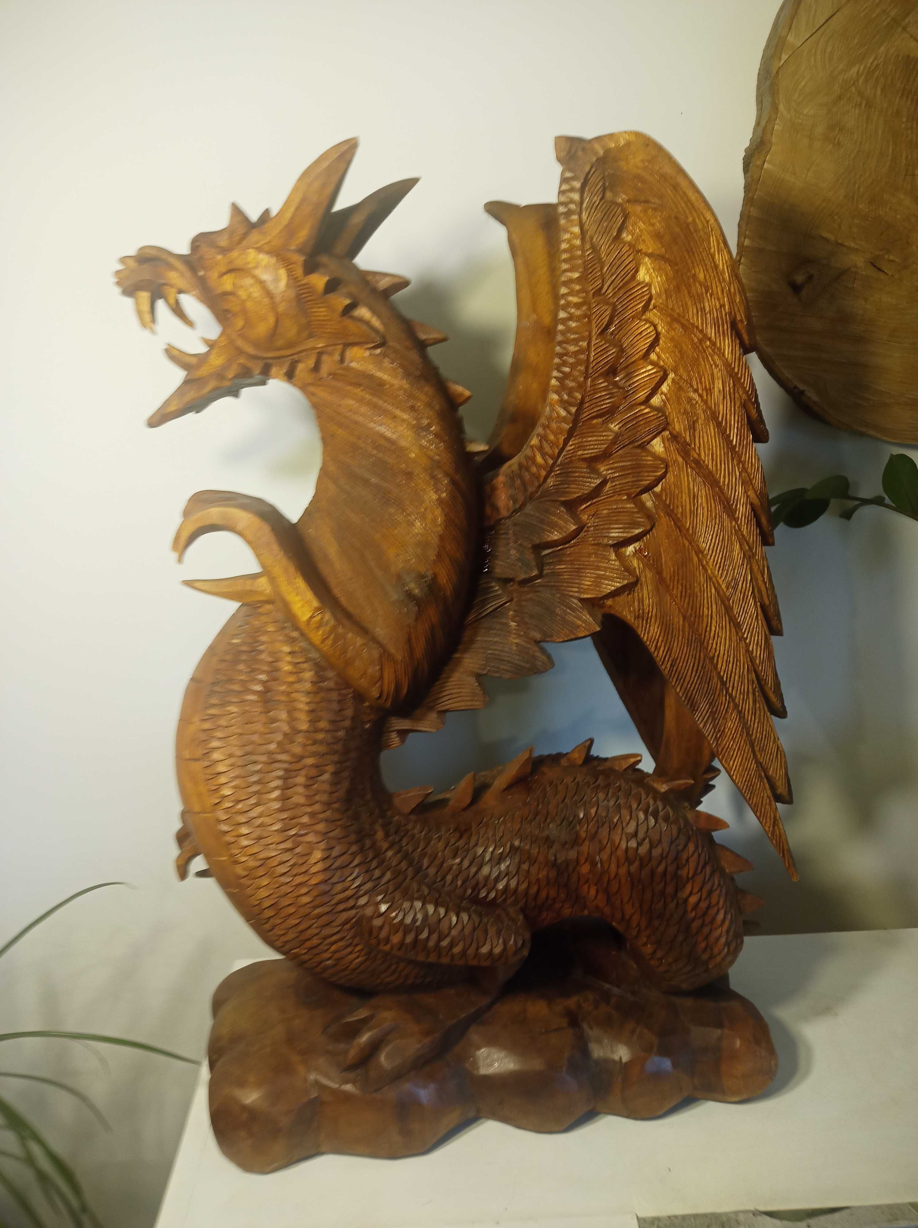 Wielki drewniany Smok, rzeźba rękodzieło 63 x 40cm Figura Smoka XXL