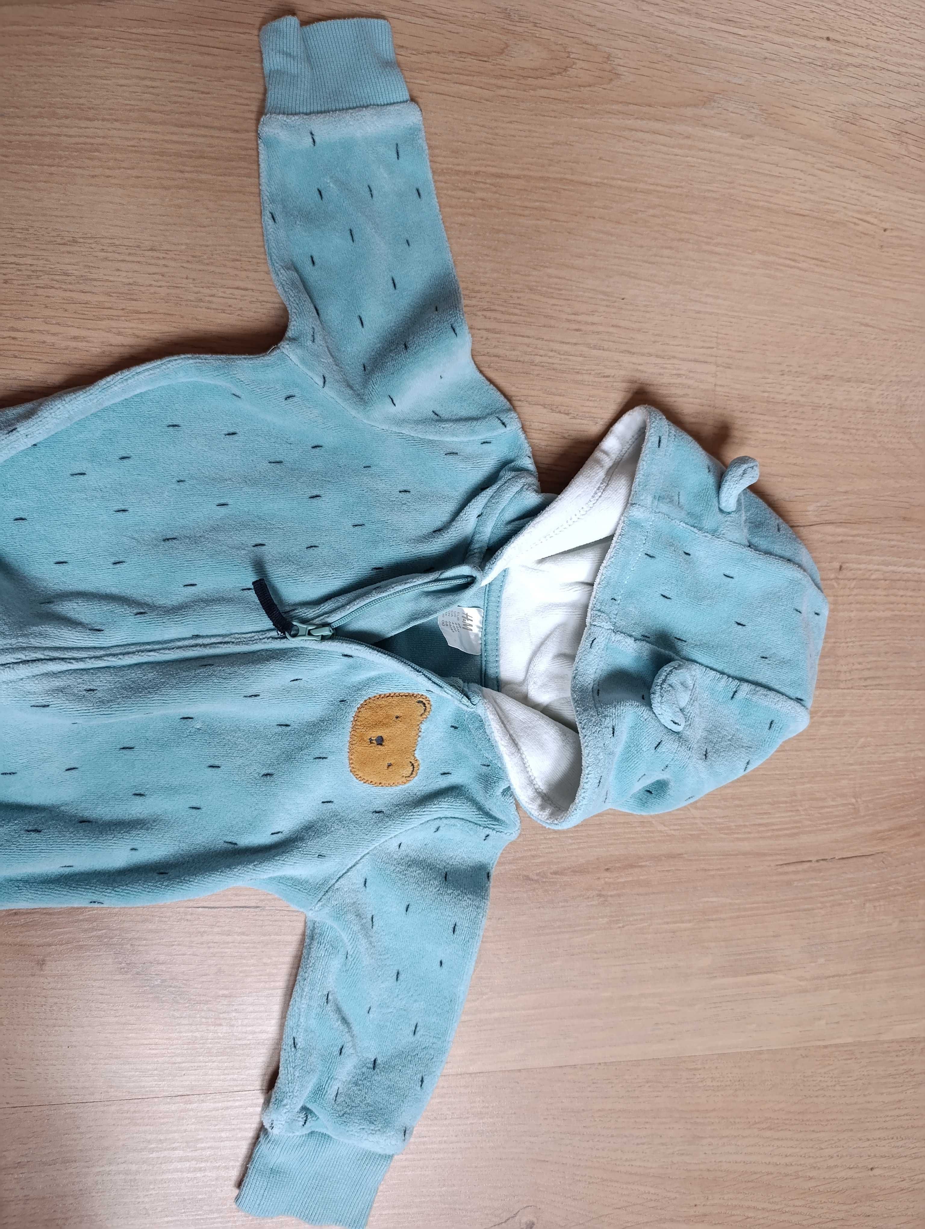 Niebieski kombinezon miś z uszkami 68 H&M ciepły pajacyk jesień polar