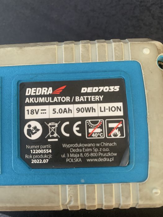 Akumulatror DEDRA 18V 5.0Ah 90Wh li-on DED7035 do kosiarki uszkodzony