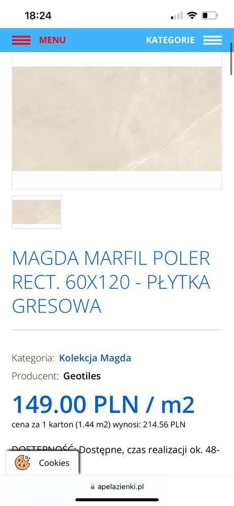 10,8 płytek wielkoformatowych 60x120 beżowe