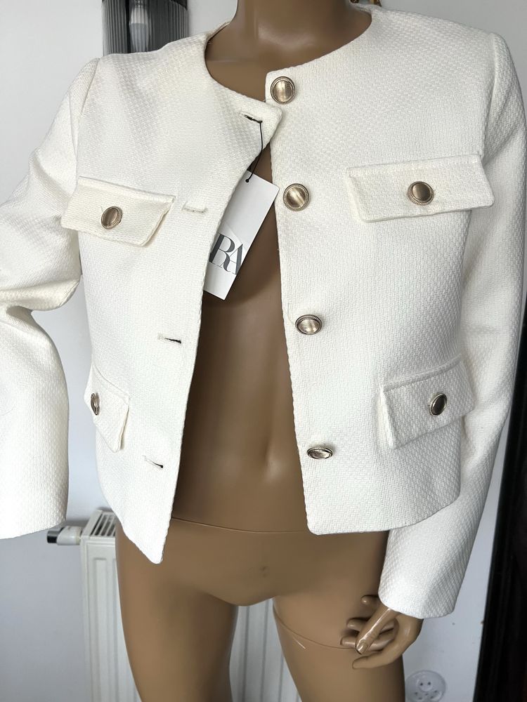 Zara biały żakiet ecru jasny krótki bawełniany nowy elegancki marynara