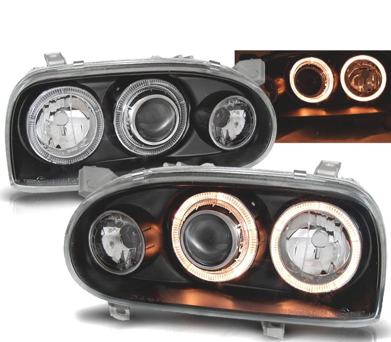 CONJUNTO DE FARÓIS PARA VOLKSWAGEN VW GOLF 3 91-97 ANGEL EYES PRETOS + PISCAS
