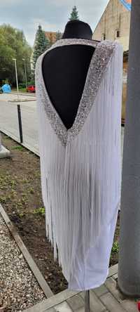 Asos biała sukienka frędzle cekiny 36
