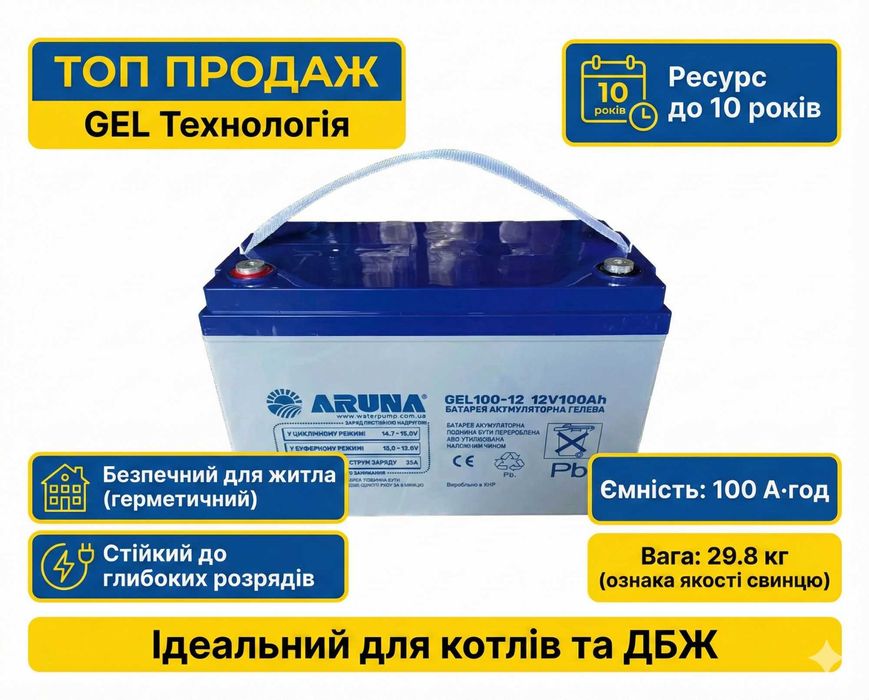 Акумулятор гелевий GEL 12V 100Ah ARUNA для ДБЖ котла інвертора