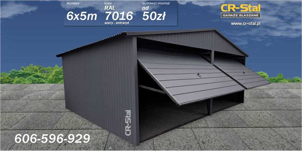 Garaż - blaszak. 6x5 m. Bramy podnoszone. Szeroki panel.